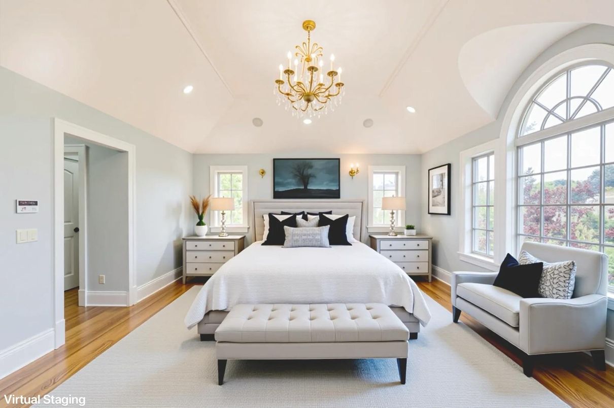 Bedroom, Chandelier, Interior, Recessed Lighting, Wood Texture Flooring