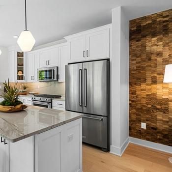 Interior, Kitchen, Pendant Lights, Recessed Lighting, Stainless Steel Appliances, Wood Texture Flooring, Wooden Walls
