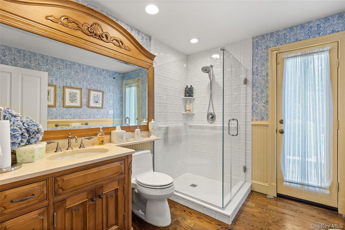 Bathroom, Glass Shower, Interior, Recessed Lighting, Wood Texture Flooring