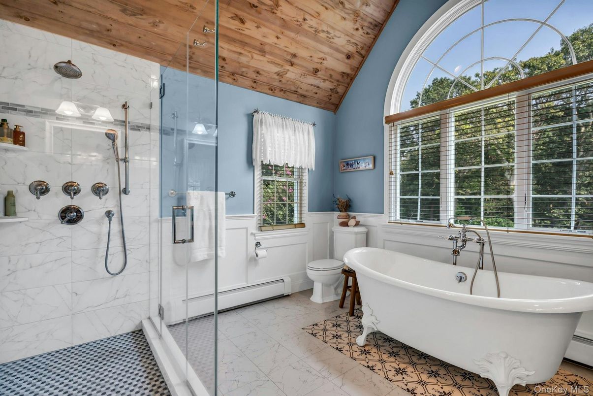 Bathroom, Free Standing Baths, Glass Shower, Interior, Marble, Marble Walls, Wooden Ceilings