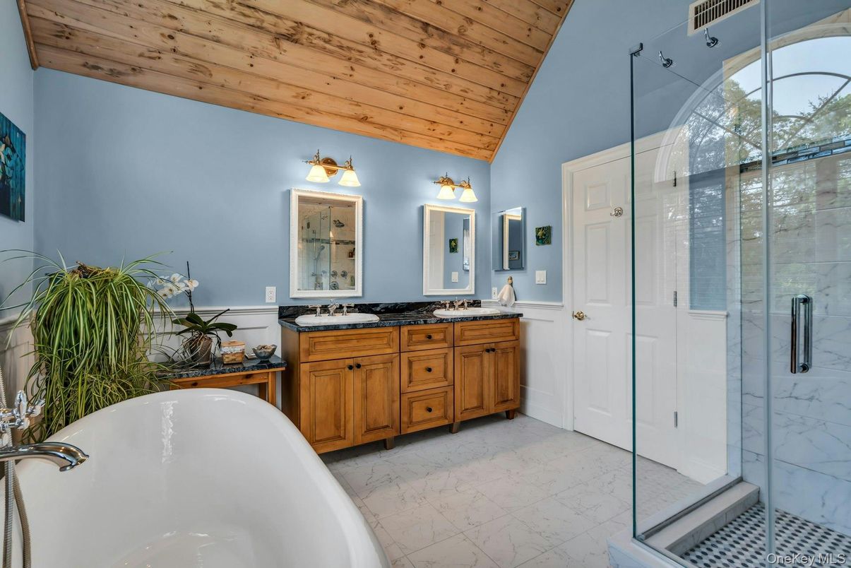 Bathroom, Dual Sink Vanities, Free Standing Baths, Glass Shower, Interior, Marble, Marble Walls, Wooden Ceilings
