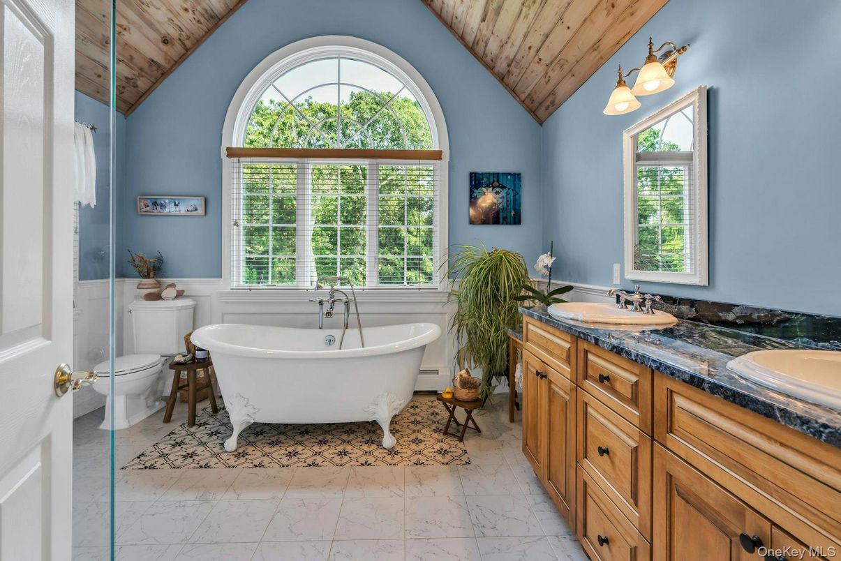 Bathroom, Dual Sink Vanities, Free Standing Baths, Interior, Marble, Wooden Ceilings