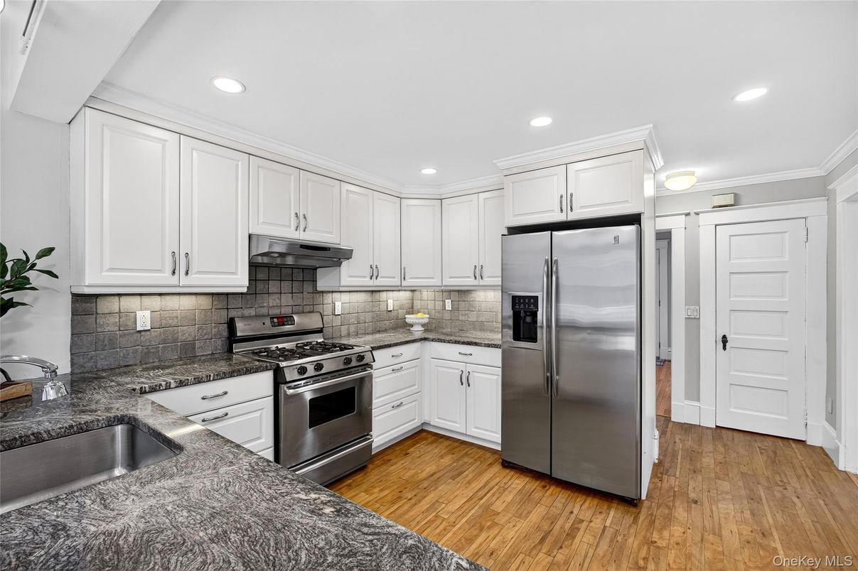 Interior, Kitchen, Recessed Lighting, Stainless Steel Appliances, Wood Texture Flooring