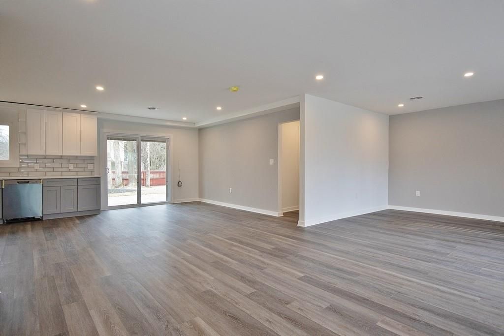 Empty room, Interior, Kitchen, Recessed Lighting, Wood Texture Flooring