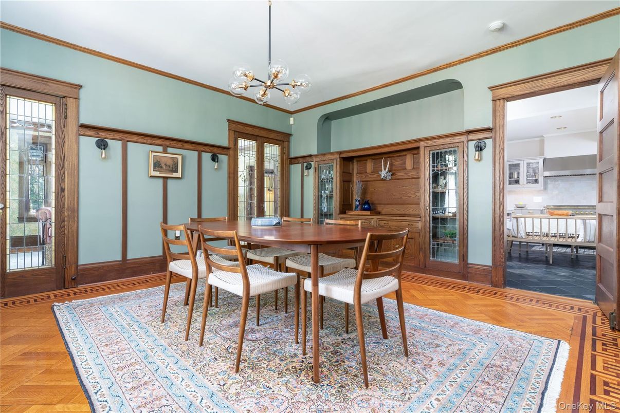 Dining room, Interior, Pendant Lights, Wood Texture Flooring