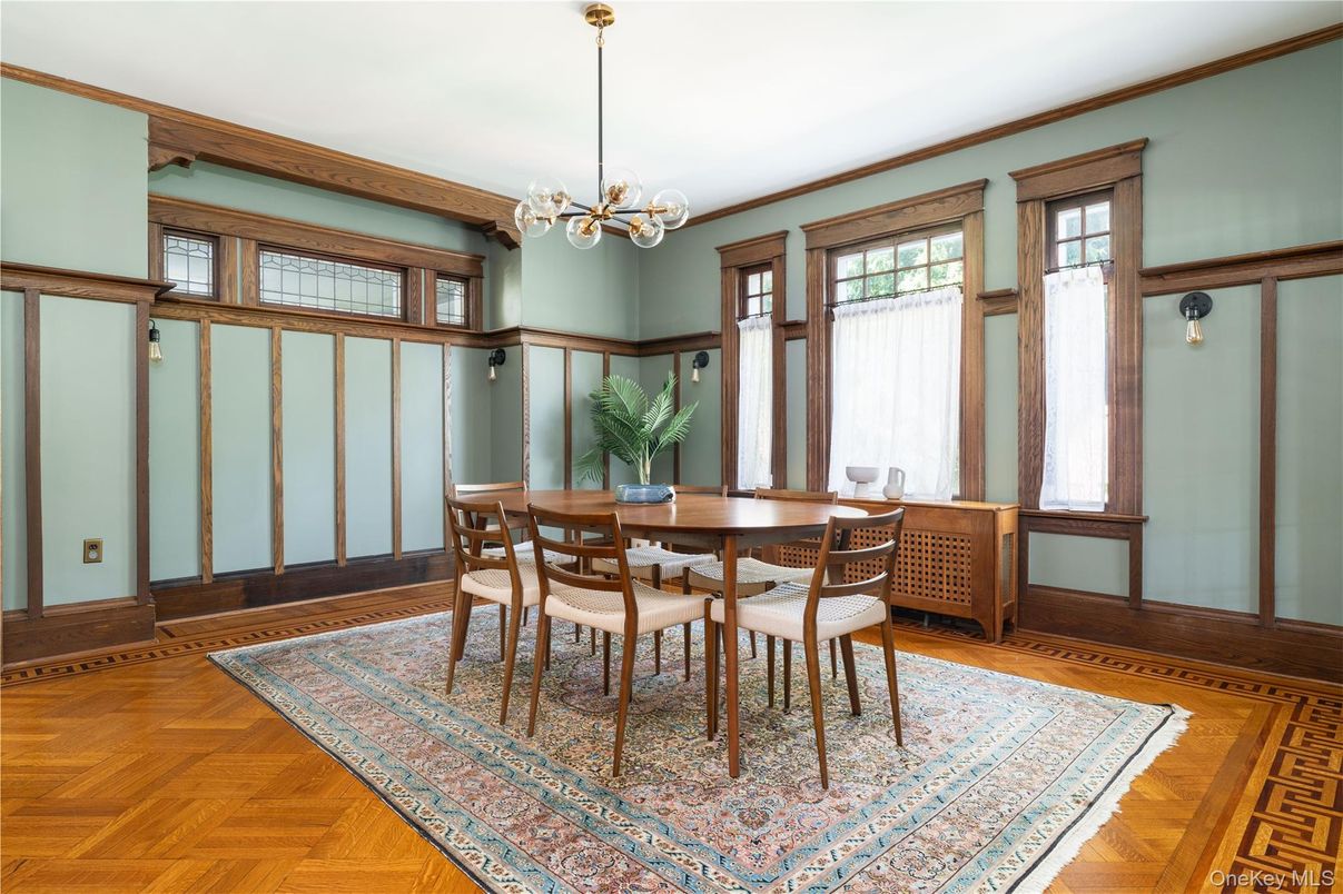 Dining room, Interior, Pendant Lights, Wood Texture Flooring