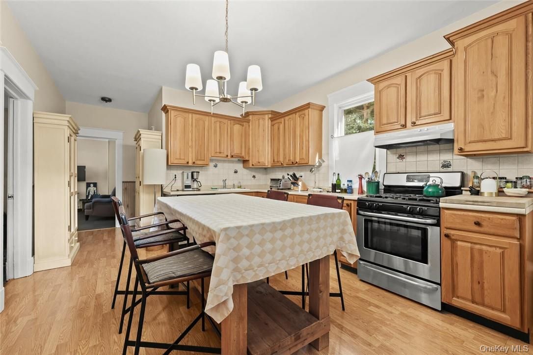 Chandelier, Interior, Kitchen, Stainless Steel Appliances, Wood Texture Flooring