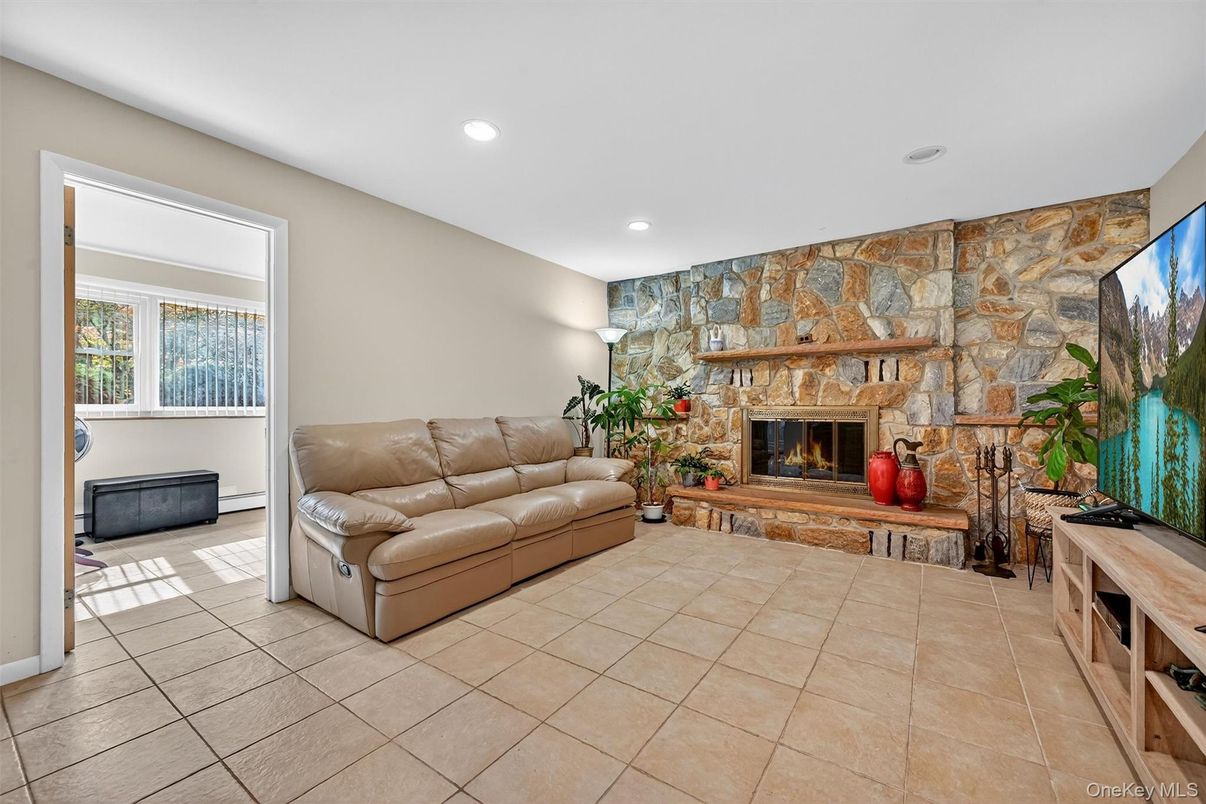 Fireplace, Interior, Living room, Recessed Lighting, Stone Walls
