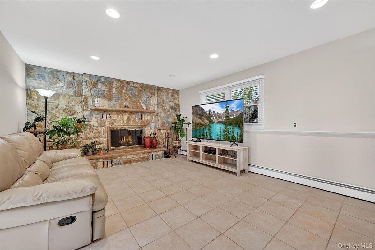 Fireplace, Interior, Living room, Recessed Lighting, Stone Walls
