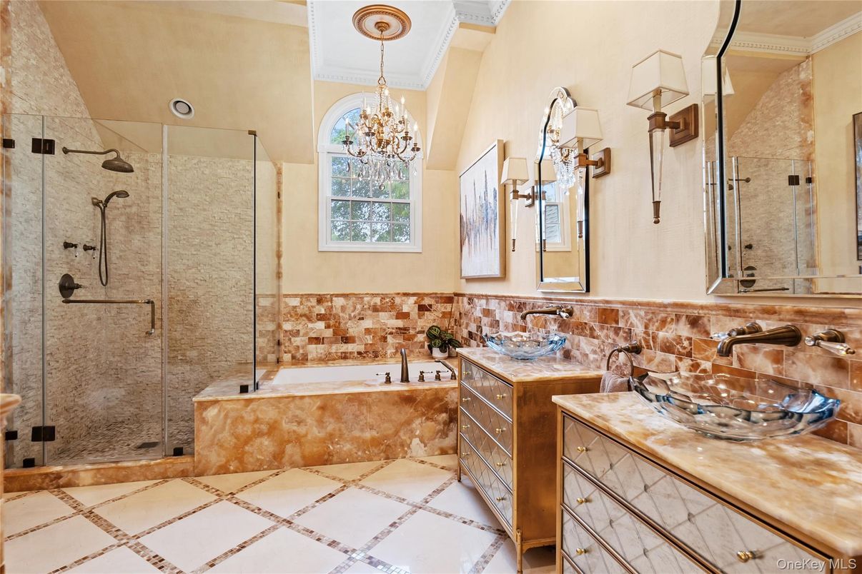 Bathroom, Chandelier, Dual Sink Vanities, Glass Shower, Interior, Recessed Lighting