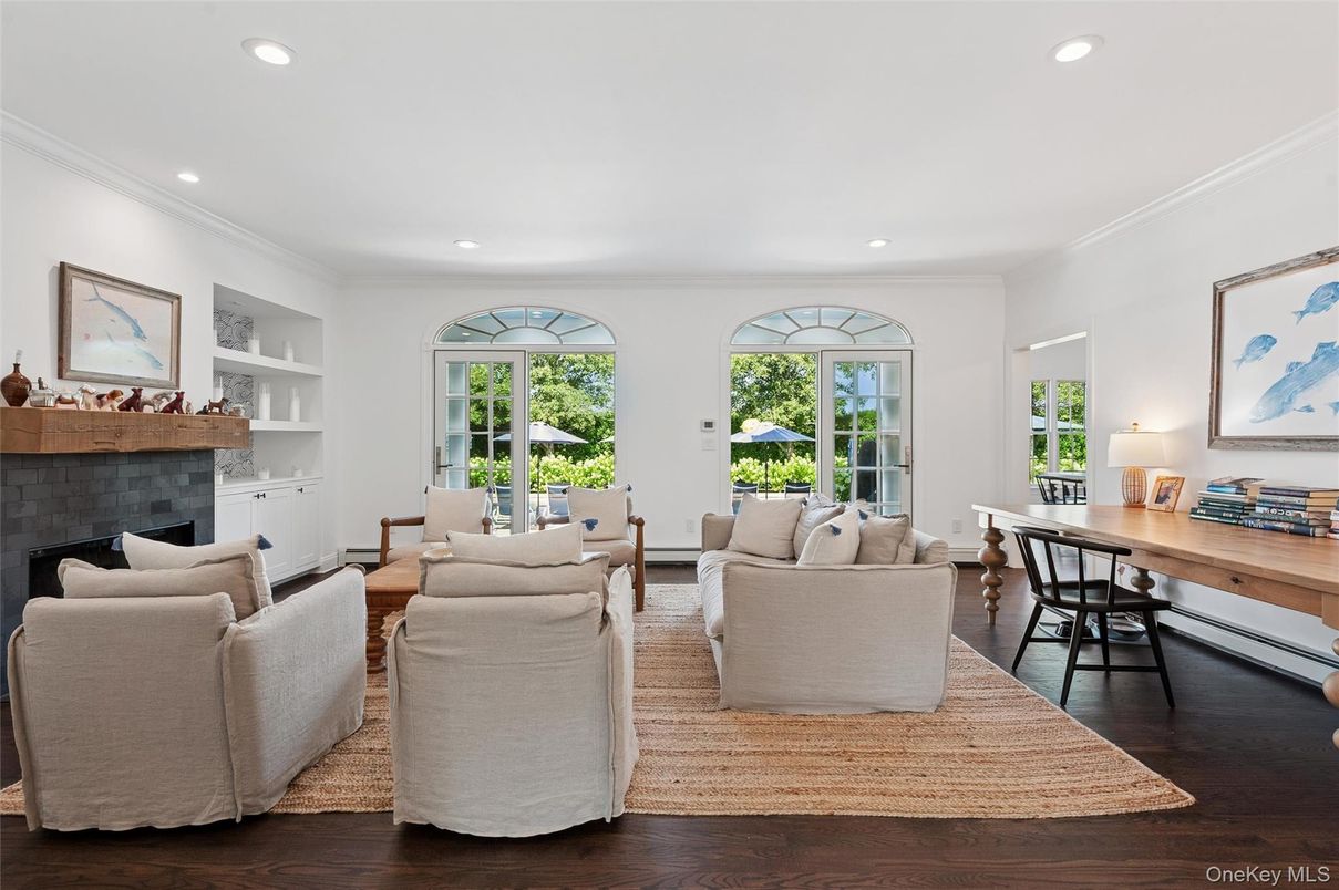 Fireplace, Home Office, Interior, Living room, Recessed Lighting, Wood Texture Flooring