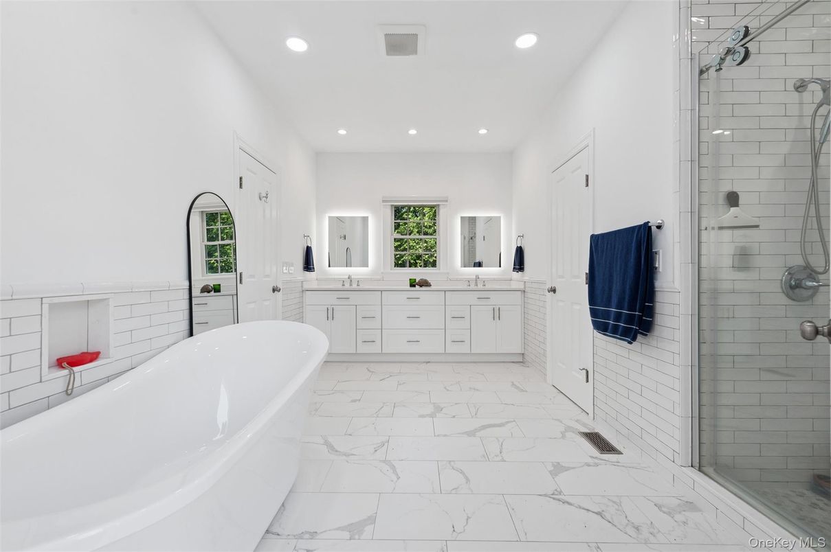 Bathroom, Dual Sink Vanities, Free Standing Baths, Glass Shower, Interior, Marble, Recessed Lighting