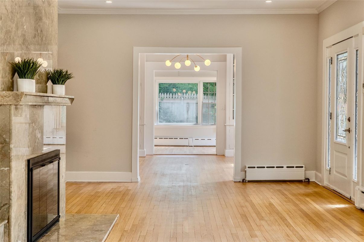 Empty room, Fireplace, Interior, Pendant Lights, Recessed Lighting, Wood Texture Flooring