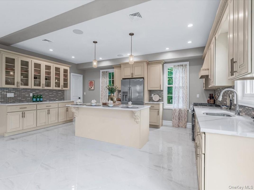Interior, Kitchen, Marble, Pendant Lights, Recessed Lighting, Stainless Steel Appliances