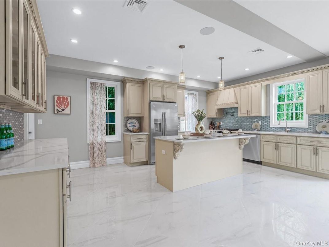 Interior, Kitchen, Marble, Pendant Lights, Recessed Lighting, Stainless Steel Appliances