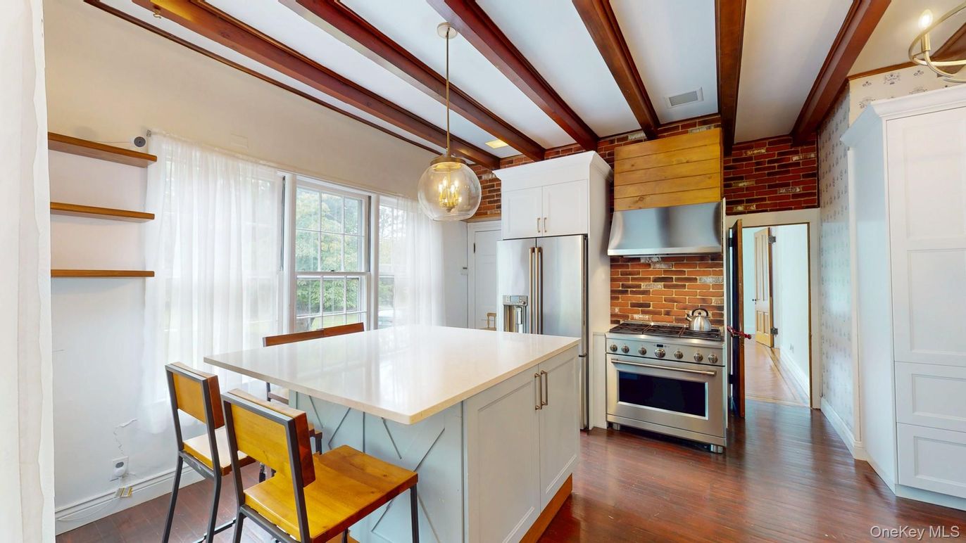 Interior, Kitchen, Pendant Lights, Stainless Steel Appliances, Stone Walls, Wooden Beams, Wood Texture Flooring