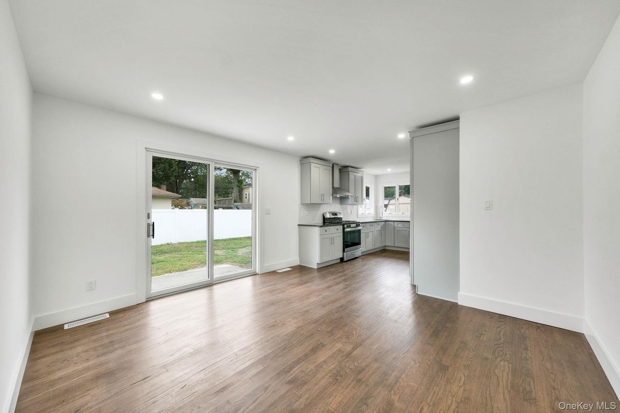 Empty room, Interior, Kitchen, Recessed Lighting, Wood Texture Flooring