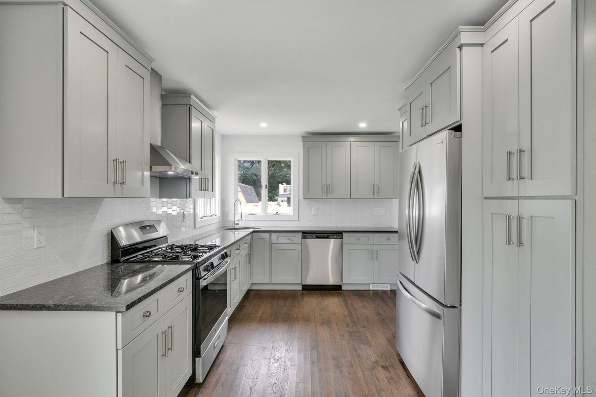 Interior, Kitchen, Recessed Lighting, Stainless Steel Appliances, Wood Texture Flooring