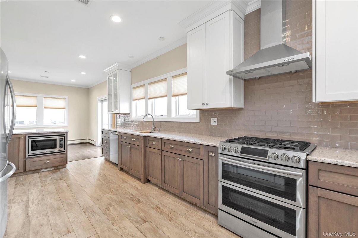 Interior, Kitchen, Recessed Lighting, Stainless Steel Appliances, Wood Texture Flooring