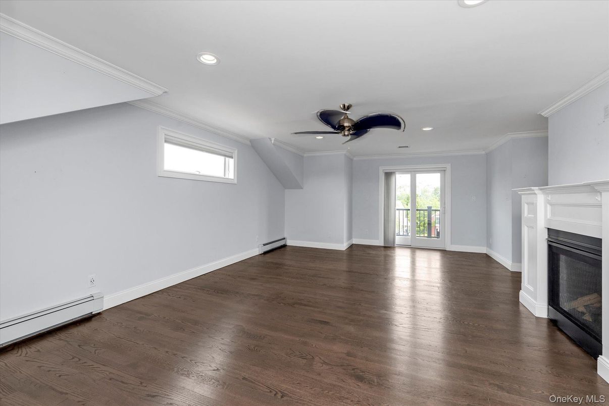 Empty room, Fireplace, Interior, Recessed Lighting, Wood Texture Flooring