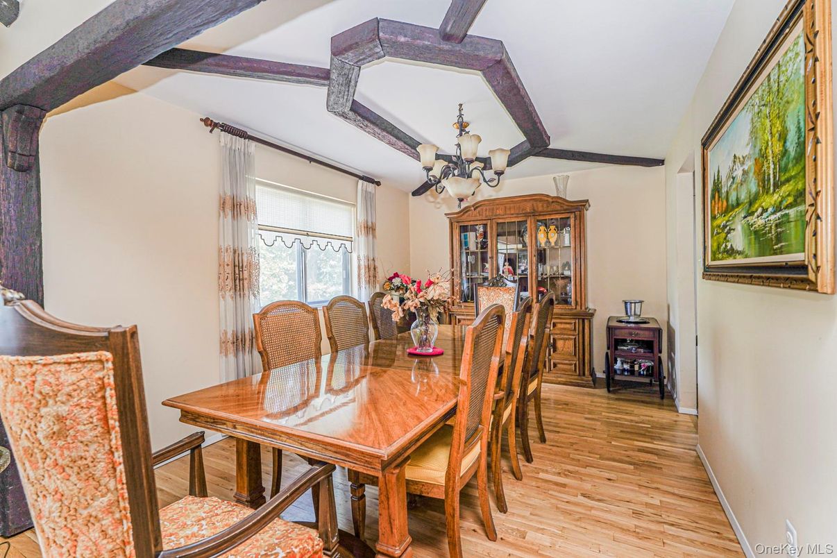 Chandelier, Dining room, Interior, Wooden Beams, Wood Texture Flooring