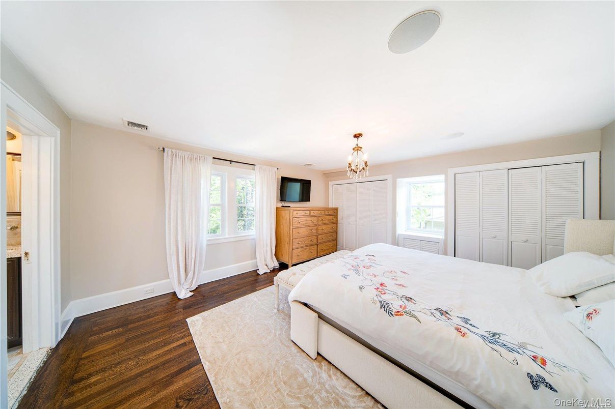 Bedroom, Chandelier, Interior, Wood Texture Flooring
