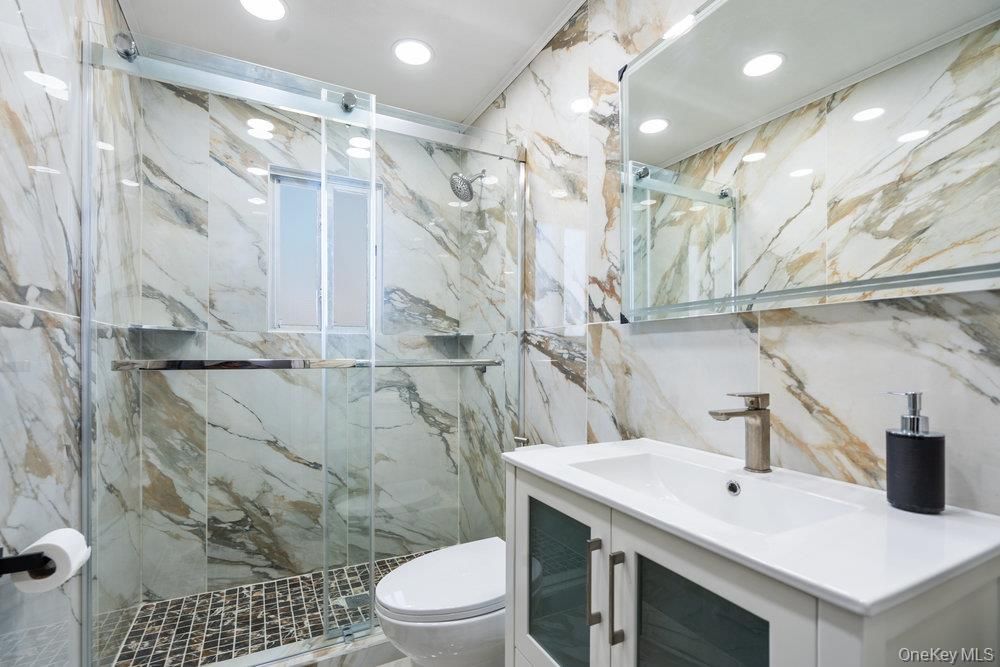 Bathroom, Glass Shower, Interior, Marble Walls, Recessed Lighting