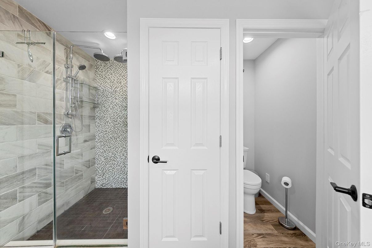 Bathroom, Glass Shower, Interior, Recessed Lighting, Wood Texture Flooring