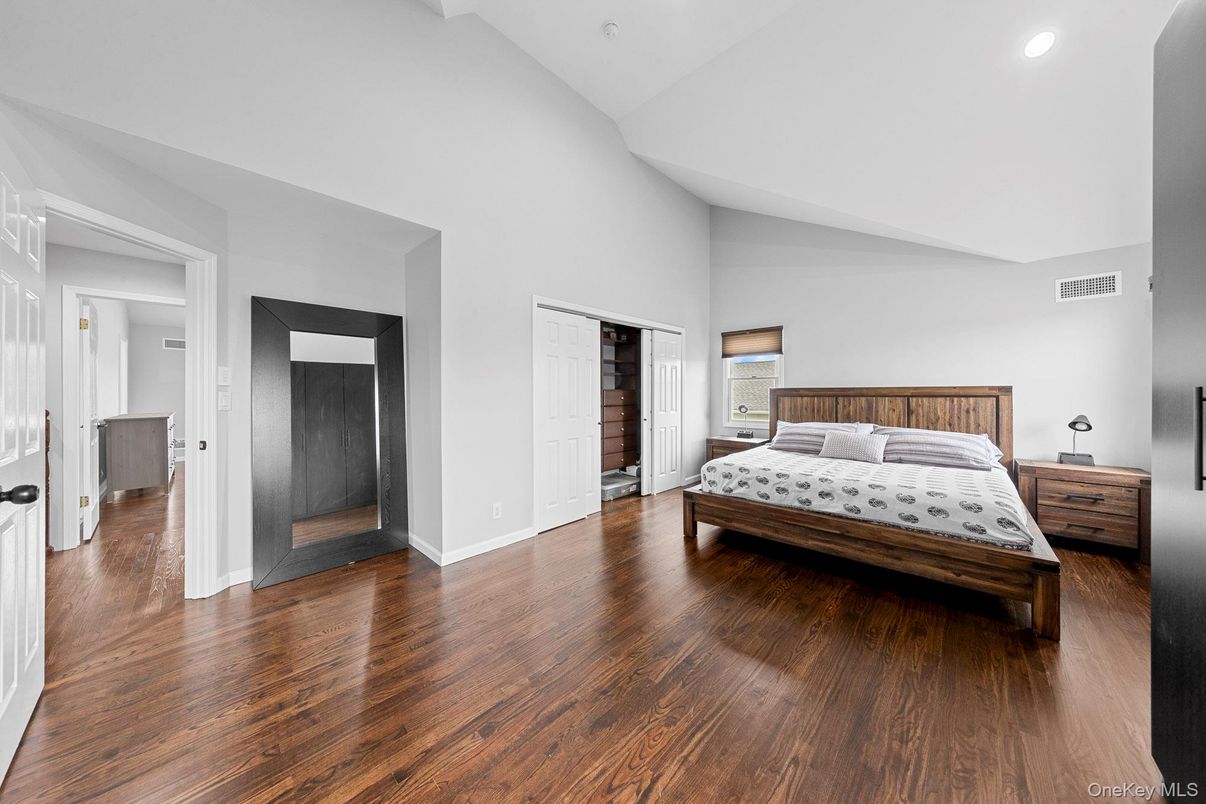 Bedroom, Fireplace, Interior, Recessed Lighting, Wood Texture Flooring