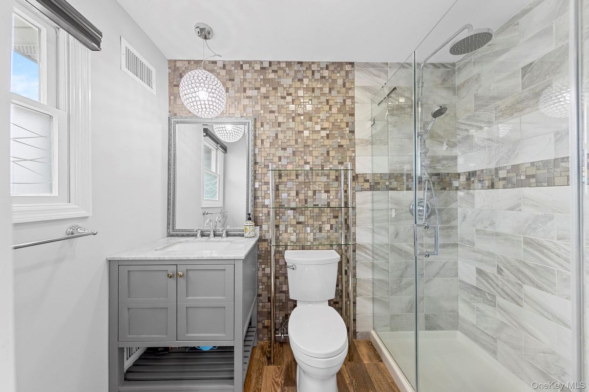 Bathroom, Glass Shower, Interior, Wood Texture Flooring
