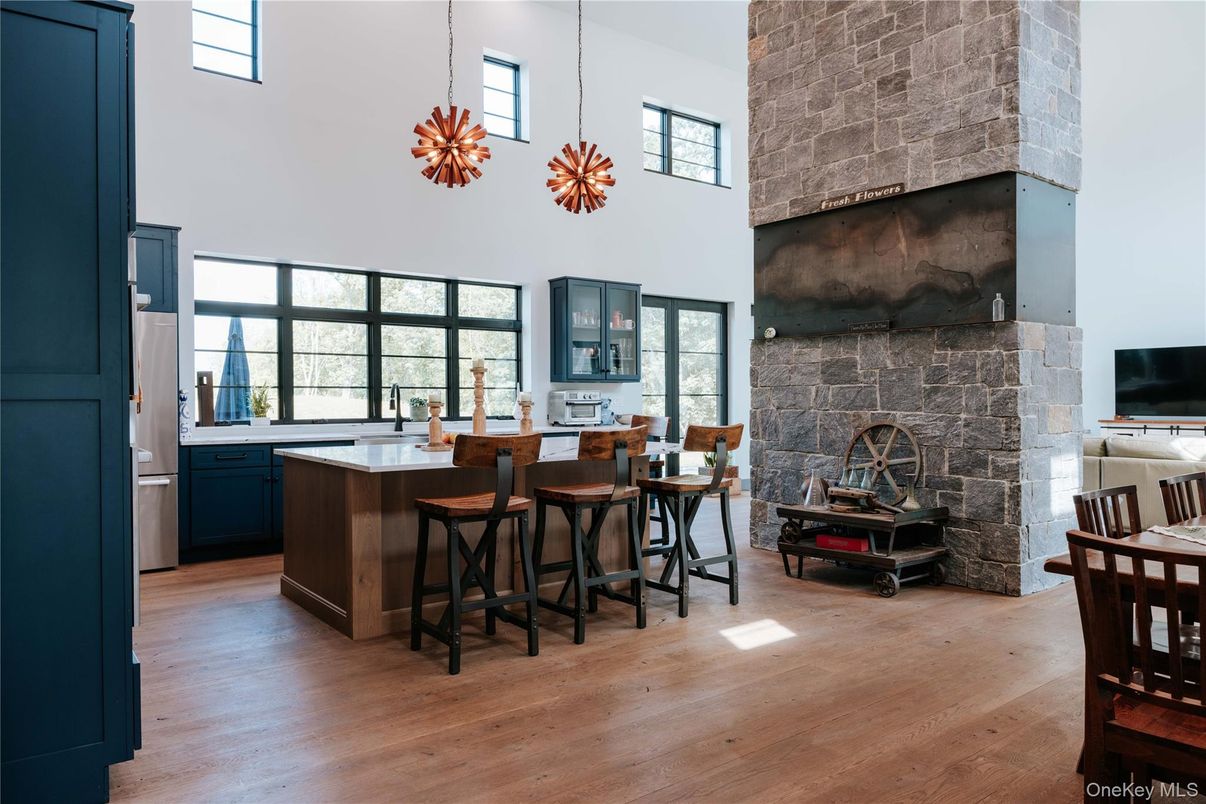 Fireplace, Interior, Pendant Lights, Stone Walls, Wood Texture Flooring
