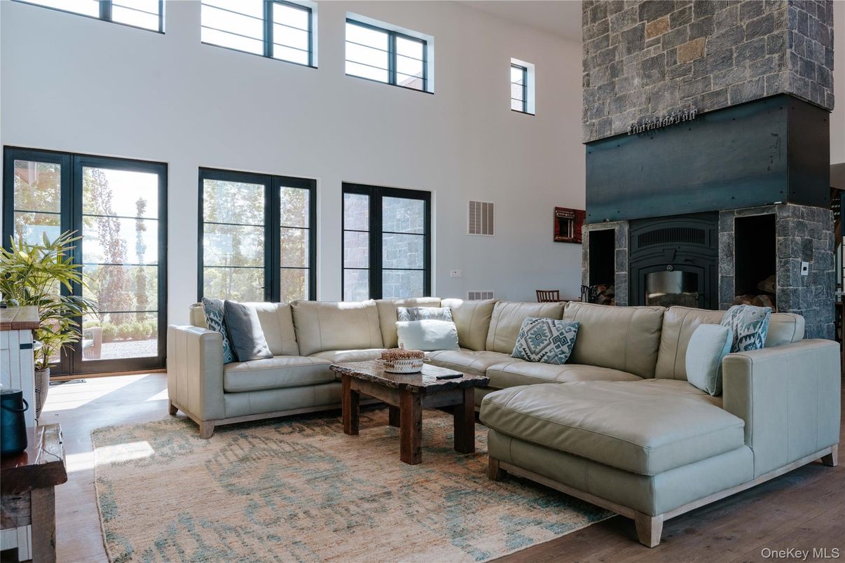 Fireplace, Interior, Living room, Stone Walls, Wood Texture Flooring