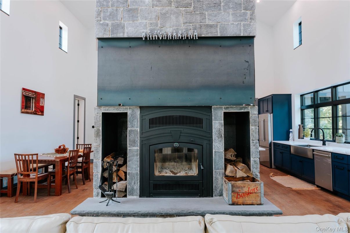 Dining room, Fireplace, Interior, Kitchen, Stone Walls