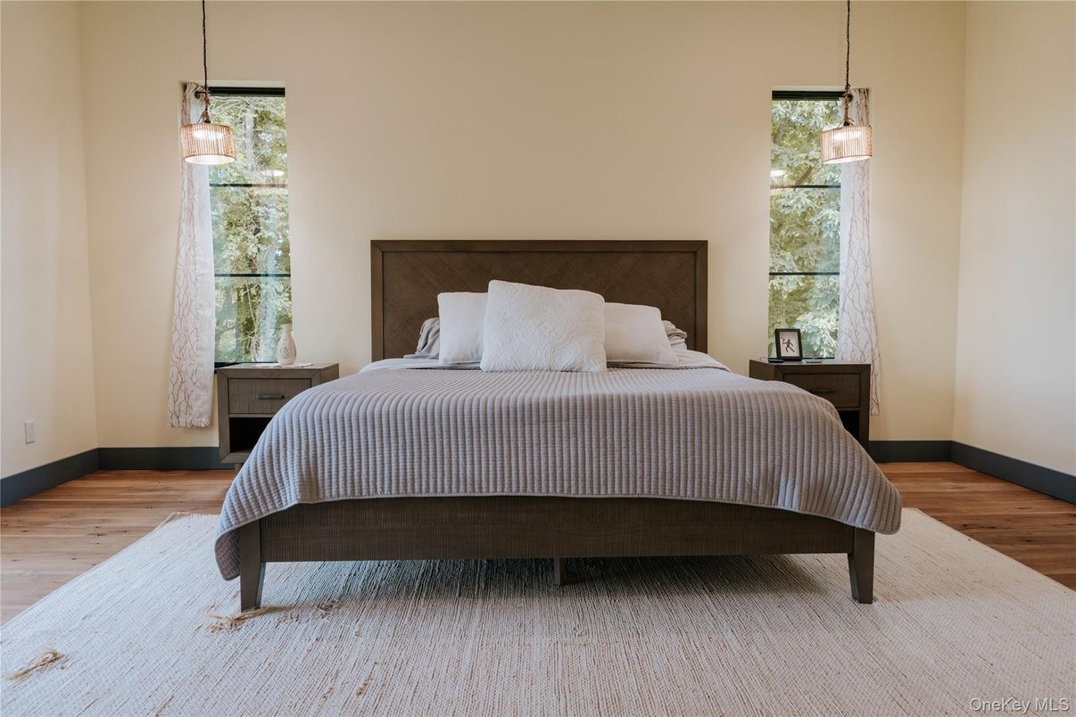 Bedroom, Interior, Pendant Lights, Wood Texture Flooring