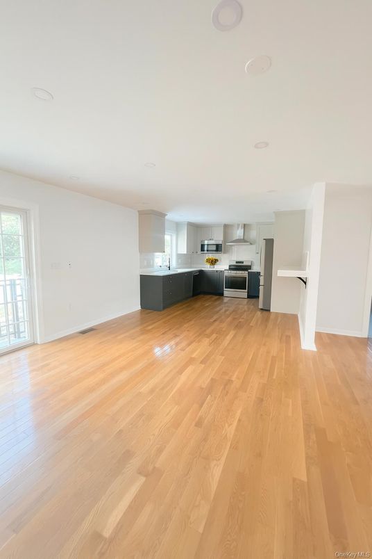 Empty room, Interior, Kitchen, Stainless Steel Appliances, Wood Texture Flooring