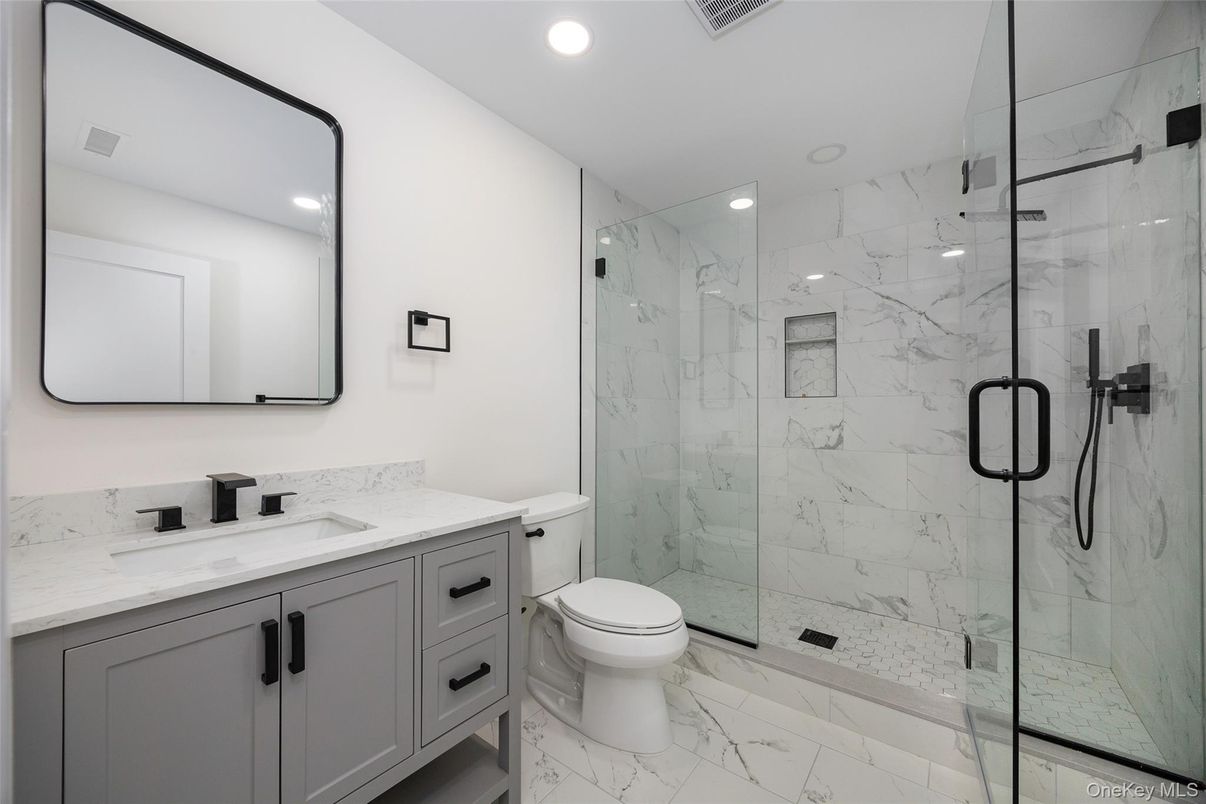 Bathroom, Glass Shower, Interior, Marble, Marble Walls, Recessed Lighting