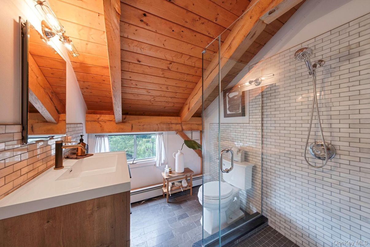 Bathroom, Glass Shower, Interior, Stone Walls, Wooden Beams, Wooden Ceilings