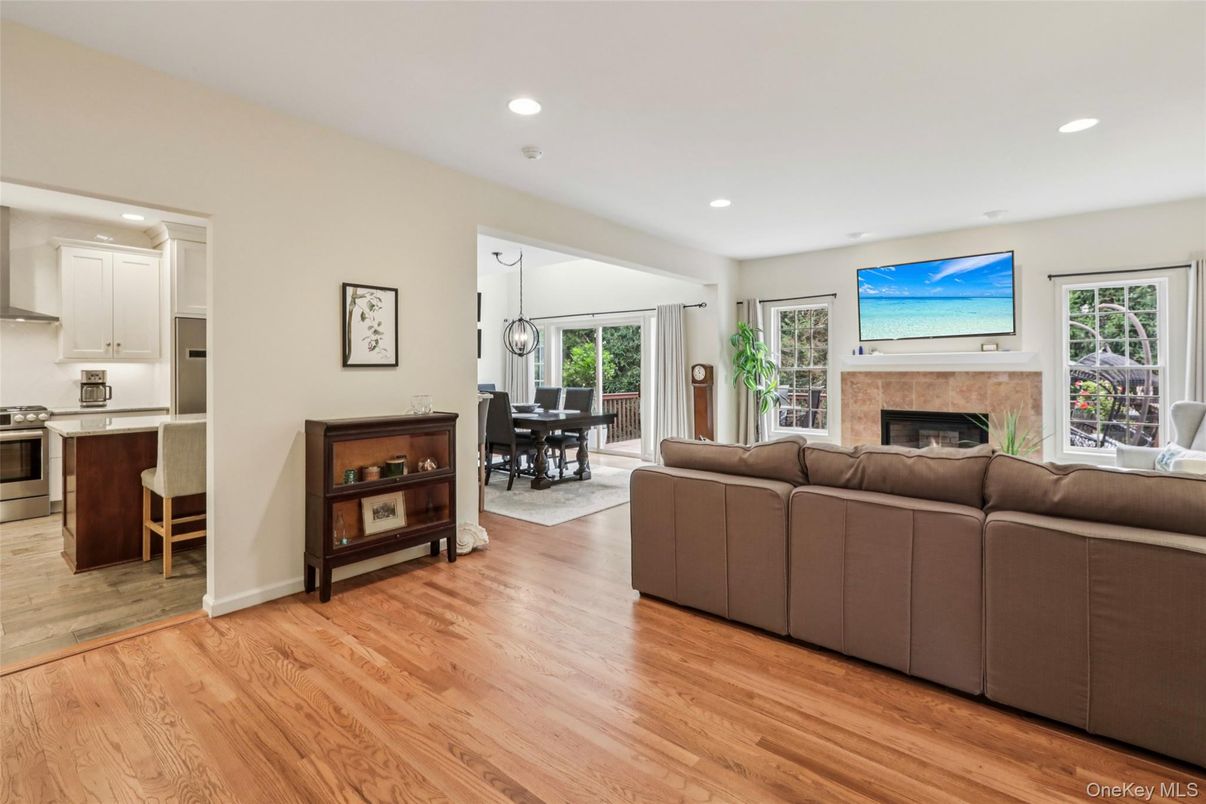 Dining room, Fireplace, Interior, Kitchen, Living room, Pendant Lights, Recessed Lighting, Wood Texture Flooring