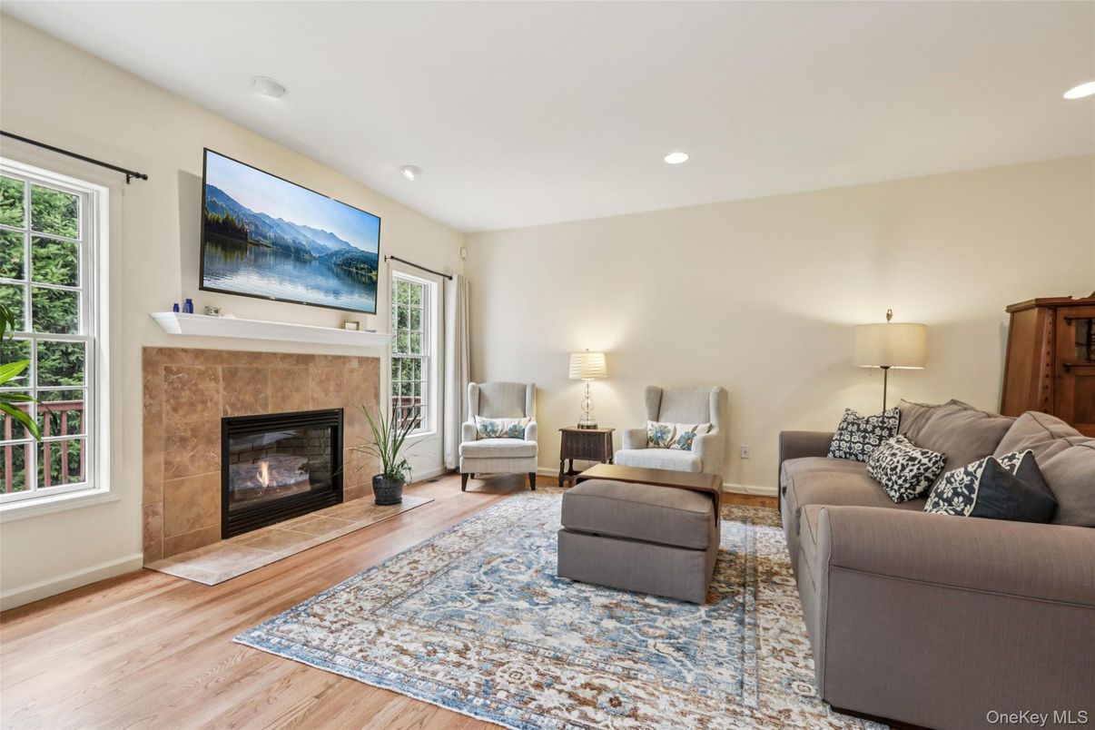 Fireplace, Interior, Living room, Recessed Lighting, Wood Texture Flooring