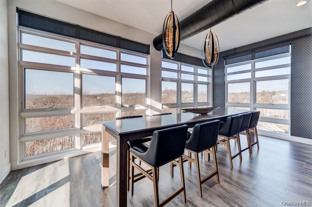 Dining room, Interior, Pendant Lights, Recessed Lighting, Wood Texture Flooring