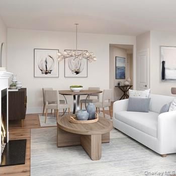 Chandelier, Dining room, Fireplace, Interior, Living room, Pendant Lights, Wood Texture Flooring