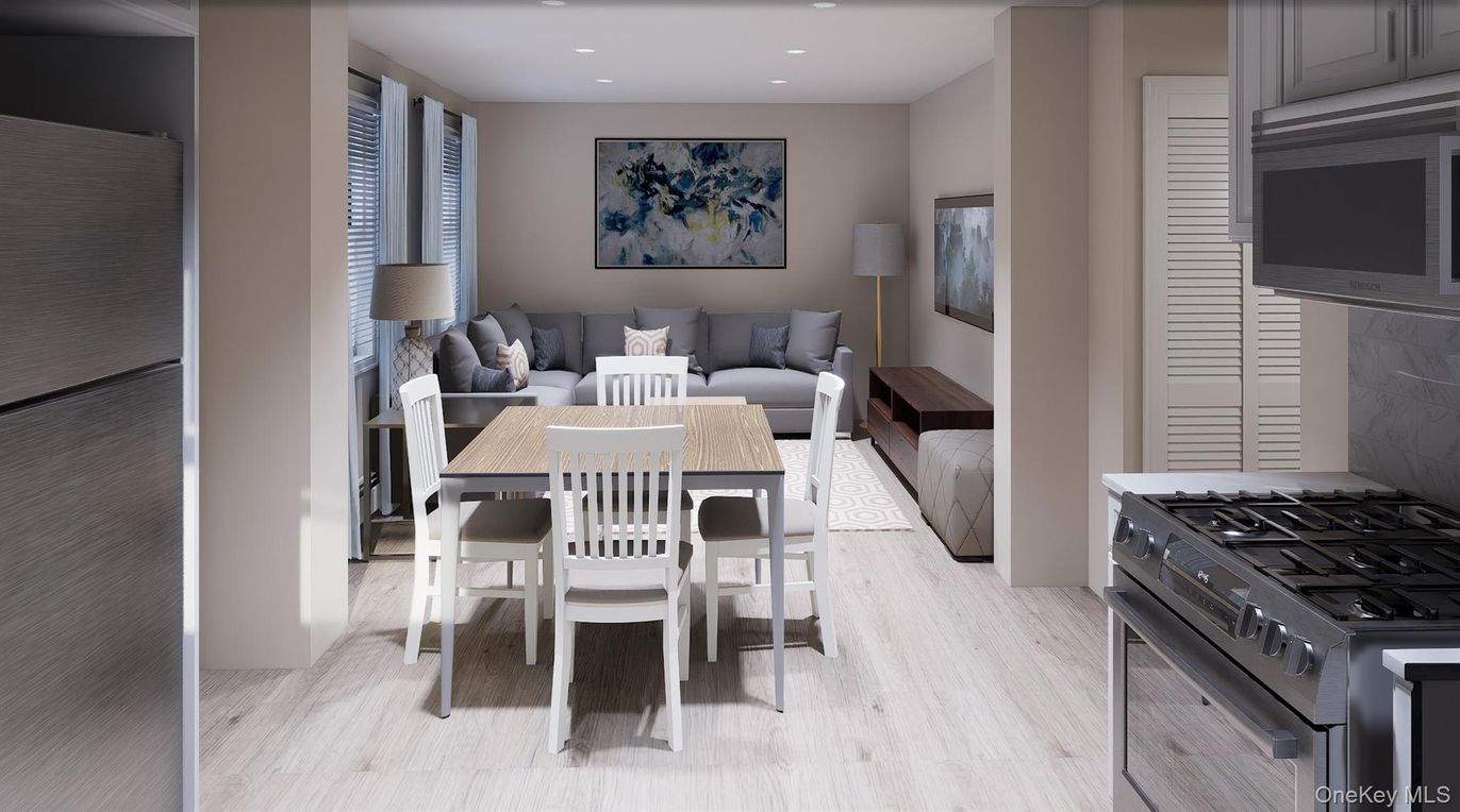 Dining room, Interior, Kitchen, Living room, Recessed Lighting, Stainless Steel Appliances, Wood Texture Flooring