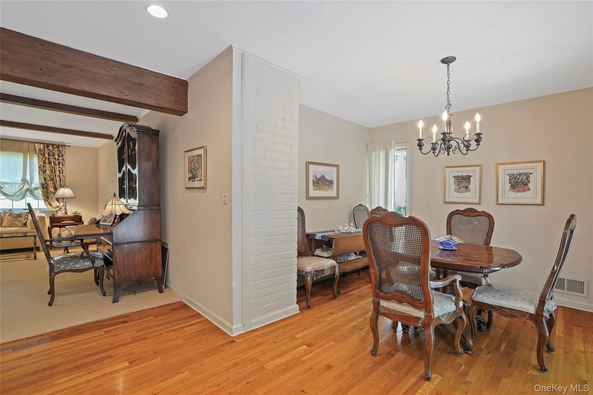 Chandelier, Dining room, Interior, Recessed Lighting, Wooden Beams, Wood Texture Flooring
