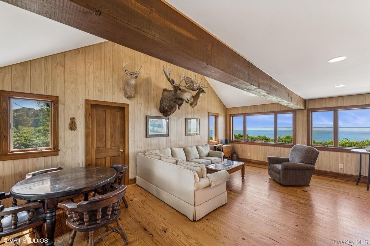 Dining room, Interior, Living room, Recessed Lighting, Water, Wooden Beams, Wood Texture Flooring, Wooden Walls