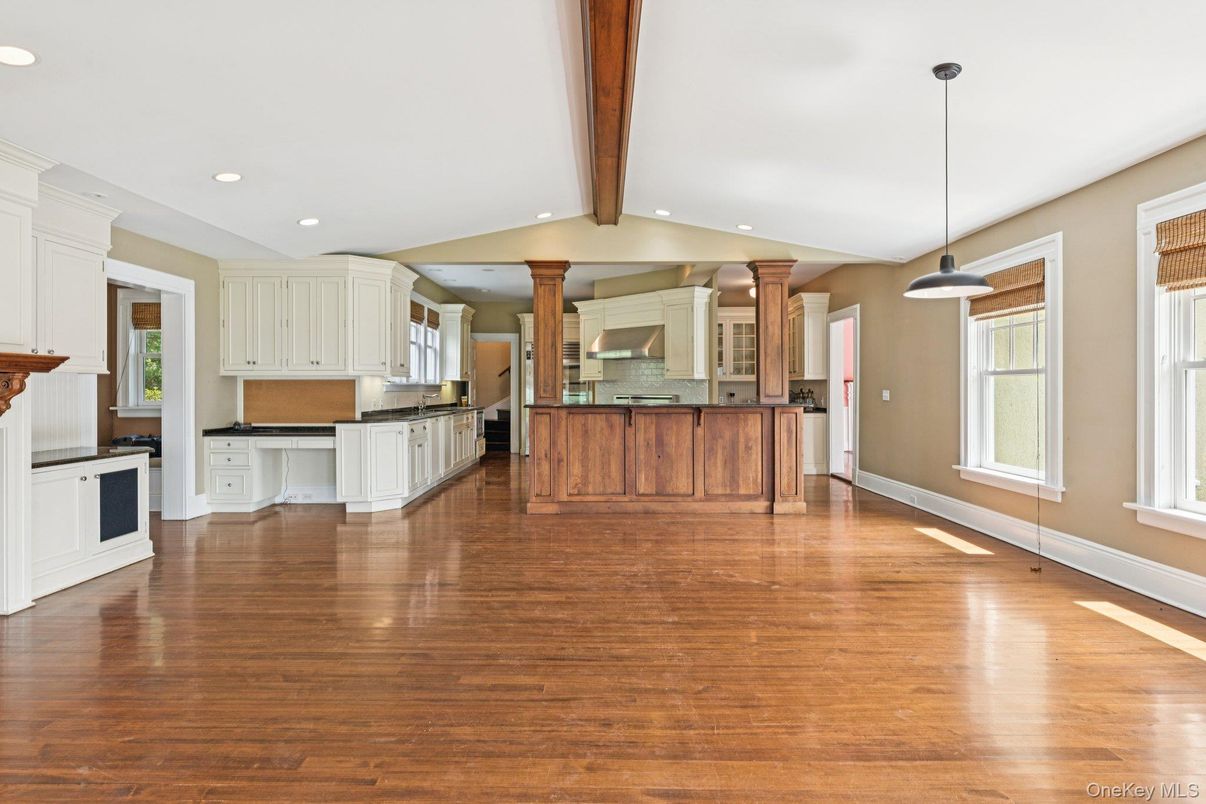 Interior, Kitchen, Pendant Lights, Recessed Lighting, Wooden Beams, Wood Texture Flooring