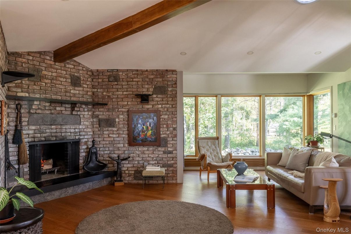 Fireplace, Interior, Living room, Recessed Lighting, Stone Walls, Wooden Beams, Wood Texture Flooring