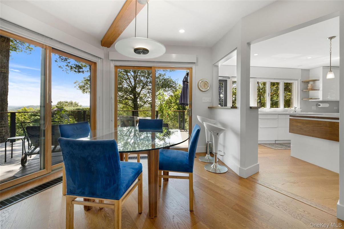Dining room, Interior, Pendant Lights, Recessed Lighting, Wooden Beams, Wood Texture Flooring