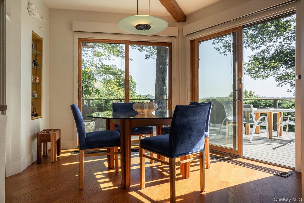 Dining room, Interior, Pendant Lights, Wooden Beams, Wood Texture Flooring