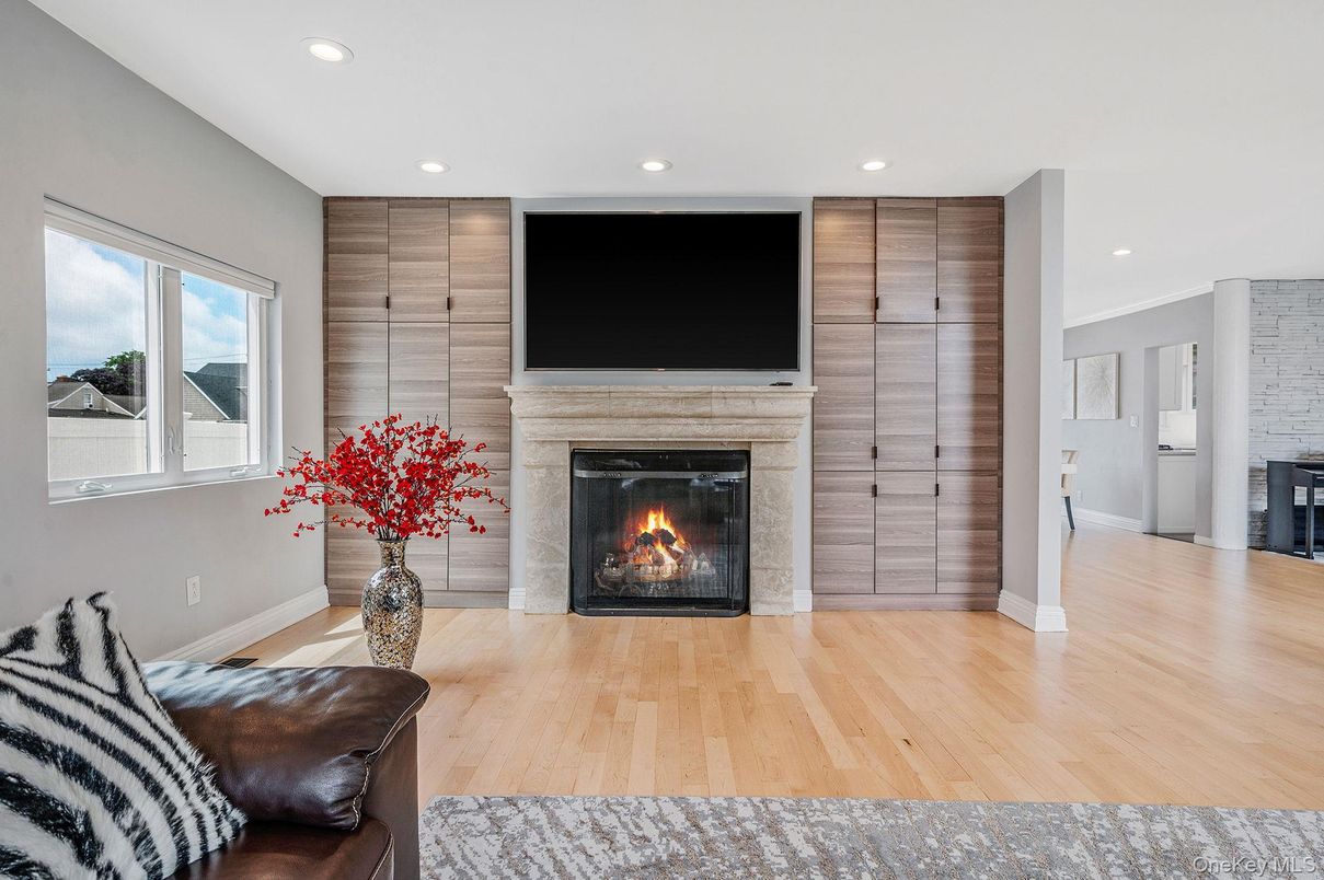 Fireplace, Interior, Recessed Lighting, Wood Texture Flooring