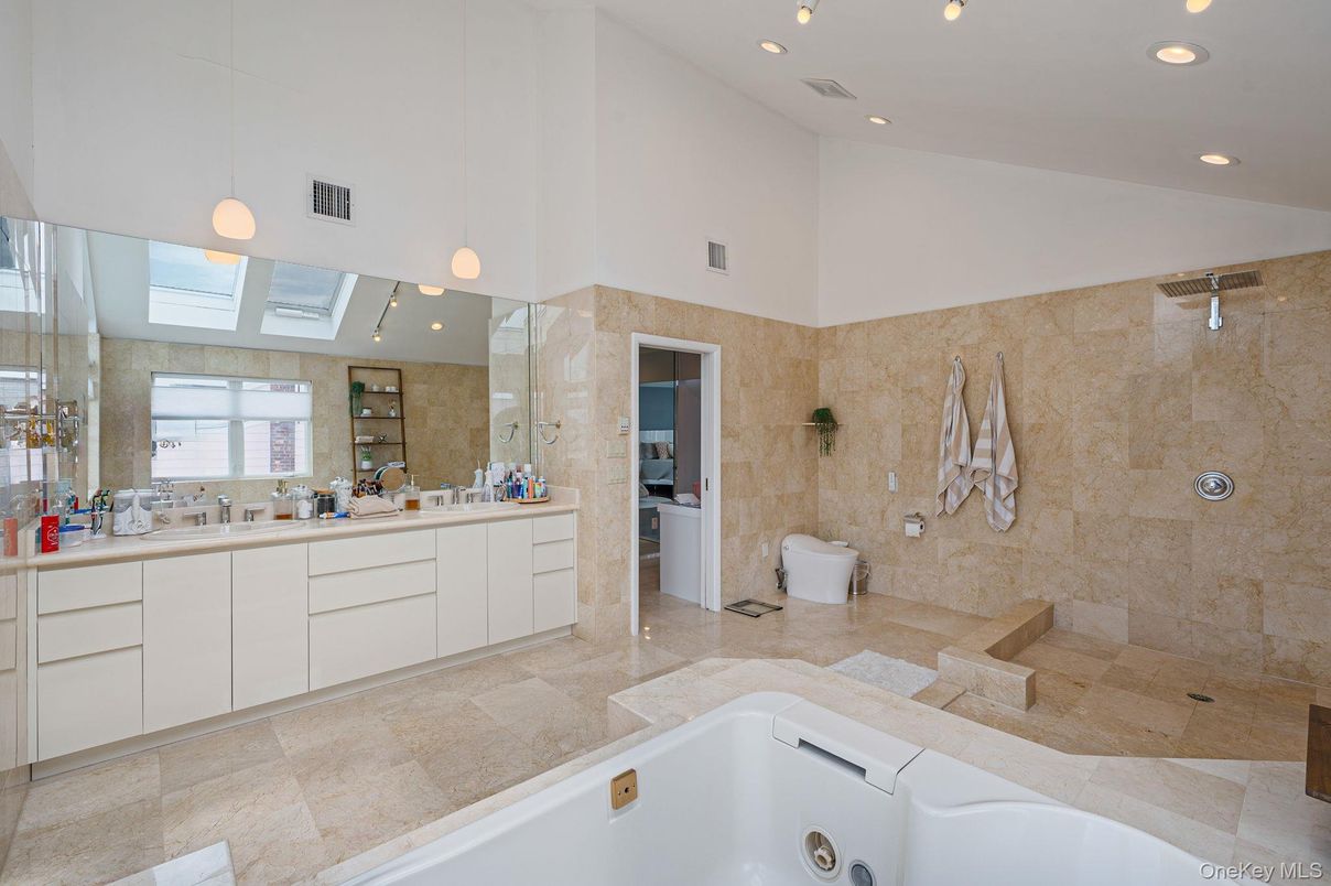 Bathroom, Dual Sink Vanities, Glass Shower, Interior, Pendant Lights, Recessed Lighting